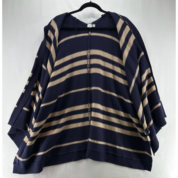GAP Sweater Womens OS Striped Poncho Wool Camel Hair Cardigan Open Front Blue - Picture 2 of 10
